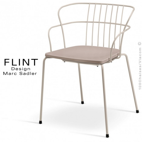 Fauteuil design pour terrasse et hôtellerie FLINT, structure en fil d'acier peint, assise coque plastique couleur.|Fauteuil / Chauffeuse|100chaises