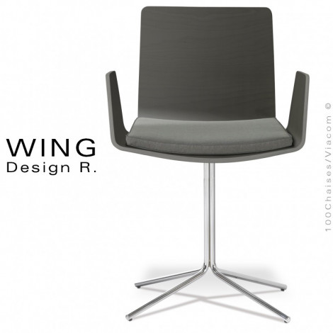Fauteuil design WING, piétement colonne centrale peint ou chromé brillant, assise placage hêtre vernis ou Zébrano avec coussin.|Fauteuil / Chauffeuse|100chaises