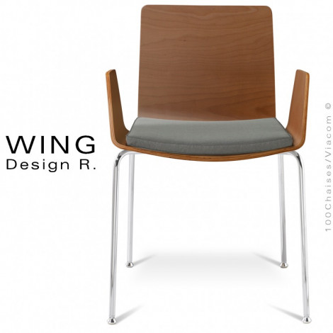 Fauteuil design WING, piétement acier peint ou chromé brillant, assise multiplis placage hêtre naturel vernis avec coussin.|Fauteuil / Chauffeuse|100chaises