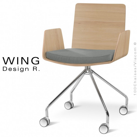 Fauteuil de bureau design à roulettes WING, piétement acier peint ou chromé, assise placage Hêtre ou Zébrano avec coussin.|Fauteuil / Chauffeuse|100chaises