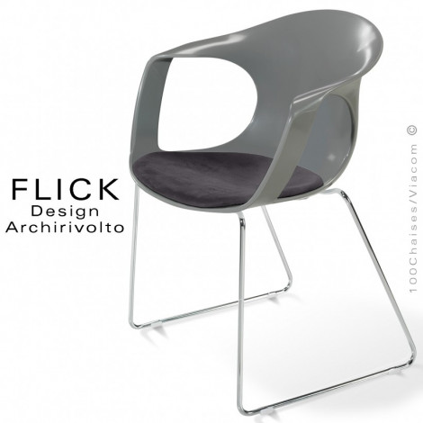 Fauteuil design FLICK, piétement luge acier peint ou chromé, assise coque plastique couleur, avec coussin d'assise.|Fauteuil / Chauffeuse|100chaises