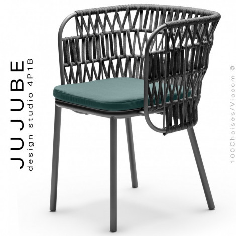 Fauteuil confort pour terrasse extérieur JUJUBE, structure acier peint, assise avec coussin tissu, dossier corde marine tressé.|Fauteuil / Chauffeuse|100chaises