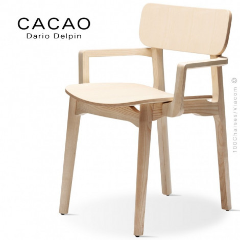 Fauteuil bois design CACAO, structure et piétement 4 pieds en bois de Frêne avec accoudoirs, vernis naturel ou teinté.|Fauteuil / Chauffeuse|100chaises