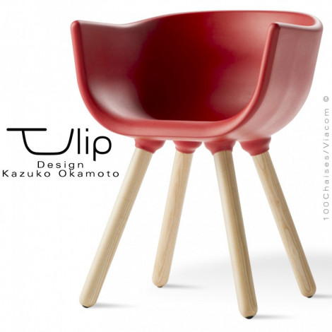 Fauteuil chic et tendance design TULIPE-SMALL coque plastique souple effet "Peached", piétement bois massif de Frêne vernis.|Fauteuil / Chauffeuse|100chaises