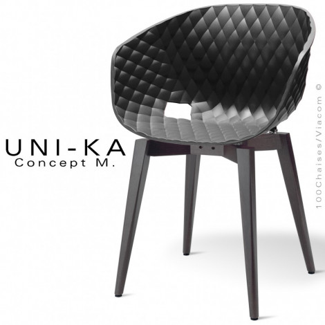 Fauteuil design chic et tendance UNI-KA, assise coque plastique effet matelassé couleur, piétement bois hêtre massif teinté.|Fauteuil / Chauffeuse|100chaises