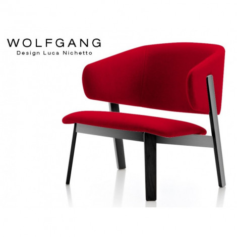 Fauteuil design assise basse lounge WOLFGANG piètement bois peint noir, assise et dossier garnis, habillage tissu synthétique|Fauteuil / Chauffeuse|100chaises Fauteuil design assise basse lounge WOLFGANG piètement bois peint noir, assise et dossier garnis, habillage tissu synthétique|Fauteuil / Chauffeuse|100chaises
