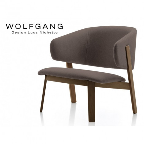 Fauteuil design assise basse lounge WOLFGANG piètement bois vernis tabac, assise et dossier garnis, habillage tissu synthétique|Fauteuil / Chauffeuse|100chaises Fauteuil design assise basse lounge WOLFGANG piètement bois vernis tabac, assise et dossier garnis, habillage tissu synthétique|Fauteuil / Chauffeuse|100chaises