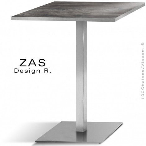Table repas C.H.R., ZAS, piètement colonne centrale chromé / inox, plateau stratifié matière, aspect bois, chant chromé / inox.|Table|100chaises