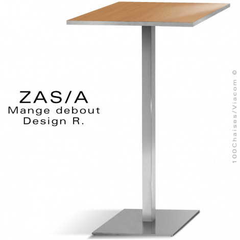Table haute ou mange debout ZAS, piétement colonne centrale chromé / inox brossé, plateau HPL aspect bois chant chromé / inox.|Table|100chaises