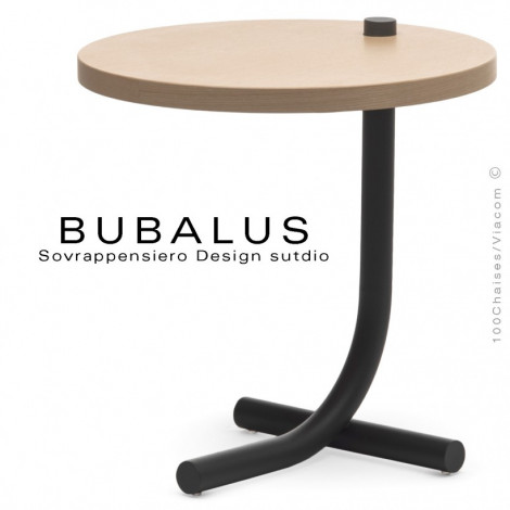 Table basse ou d'appoint BUBALUS, piétement courbe en acier peint, plateau rond en bois de Frêne vernis naturel ou teinté.|Table|100chaises Table basse ou d'appoint BUBALUS, piétement courbe en acier peint, plateau rond en bois de Frêne vernis naturel ou teinté.|Table|100chaises