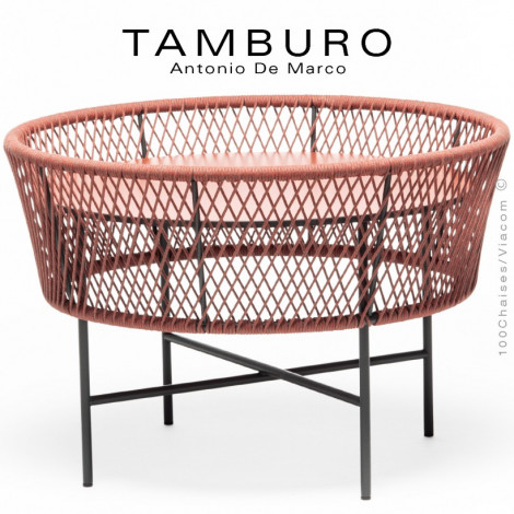 Table basse TAMBURO-ME, piétement acier peint, corde marine couleur, plateau HPL couleur.|Table|100chaises Table basse TAMBURO-ME, piétement acier peint, corde marine couleur, plateau HPL couleur.|Table|100chaises