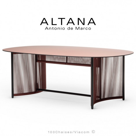Table à manger repas d'extérieur ALTANA, piétement acier peint, déco tressage corde marine couleur, plateau HPL couleur.|Table|100chaises