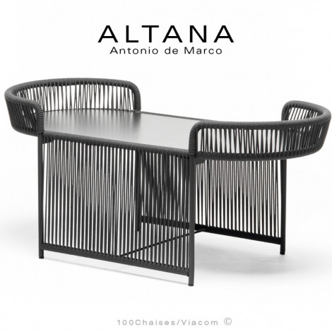 Table basse d'extérieur design ALTANA, piétement acier peint, déco tressage corde marine couleur, plateau HPL couleur.|Table|100chaises Table basse d'extérieur design ALTANA, piétement acier peint, déco tressage corde marine couleur, plateau HPL couleur.|Table|100chaises