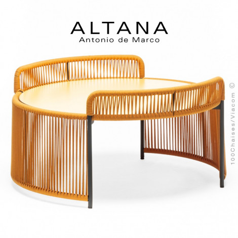 Table basse d'extérieur ALTANA, piétement acier peint, déco tressage corde marine couleur, plateau HPL couleur.|Table|100chaises