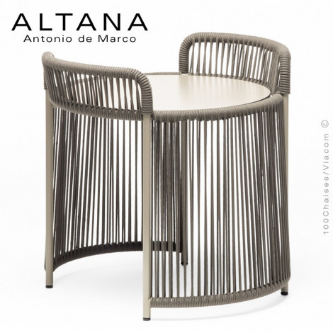 Table d'appoint d'extérieur basse ALTANA, piétement acier peint, déco tressage corde marine couleur, plateau HPL couleur.|Table|100chaises