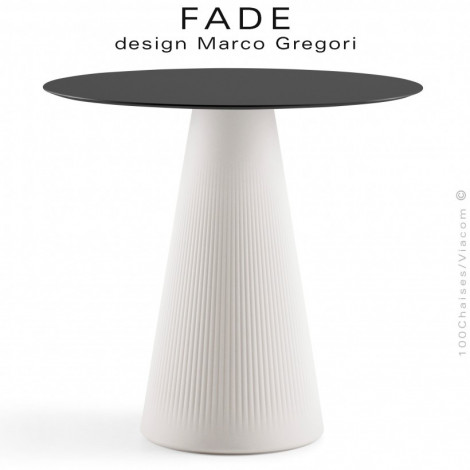 Table design FADE, structure conique plastique couleur, plateau compact HPL couleur, pour terrasse en bord de mer ou montagne.|Table|100chaises