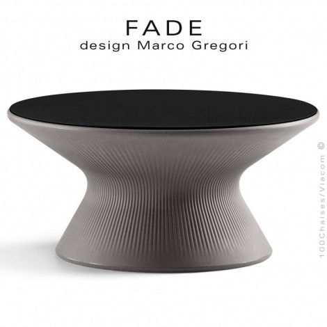 Table basse ronde design FADE, structure plastique couleur, pour terrasse en bord de mer ou à la montagne avec plateau HPL.|Table|100chaises