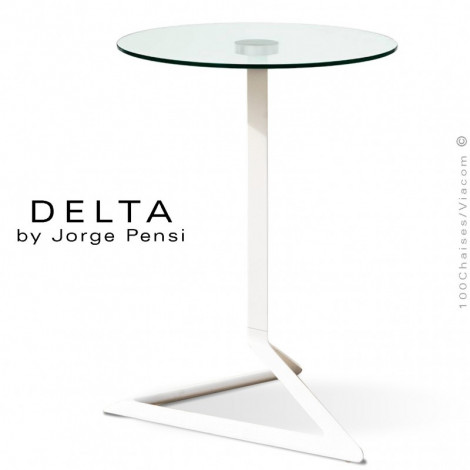 Table design DELTA, piétement fantaisie aluminium peint, plateau verre rond transparent securit.|Table|100chaises