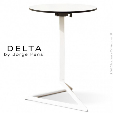 Table design DELTA, piétement fantaisie aluminium peint, plateau rond ou carré type Compact HPL de couleur.|Table|100chaises