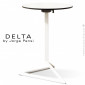 Table design DELTA, piétement fantaisie aluminium peint, plateau rond ou carré type Compact HPL de couleur.|Table|100chaises