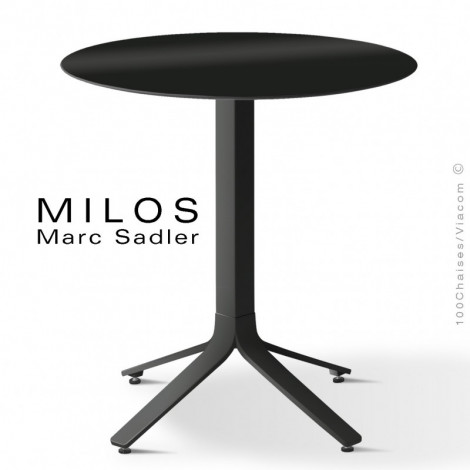 Table repas pour café MILOS, plateau HPL, rond ou carré, pied colonne centrale aluminium peint ou brillant pour extérieur.|Table|100chaises