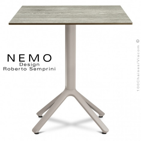 Table design NEMO pour CHR., piétement colonne centrale sur base 4 branches aluminium peint, plateau fixe carré compact couleur.|Table|100chaises