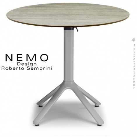 Table design NEMO, pour extérieur, CHR., piétement encastrable aluminium peint, plateau rabattable rond compact couleur.|Table|100chaises