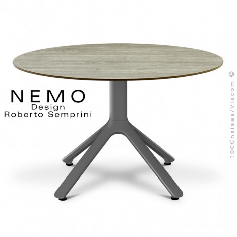 Table basse design NEMO, pour CHR., ou la maison, piétement aluminium peint, plateau fixe rond compact couleur.|Table|100chaises
