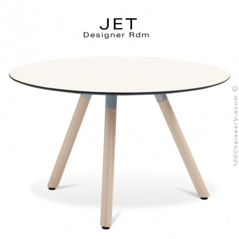 Table basse ou d'appoint ronde JET, piétement trois pieds bois de hêtre vernis, plateau stratifier couleur ou aspect bois.|Table|100chaises