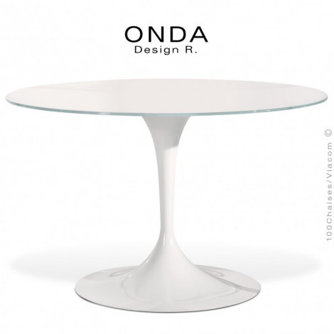 Table ronde plateau verre ONDA, piétement colonne centrale tulipe ou trompette acier tourné peint.|Table|100chaises
