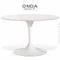 Table ronde plateau verre ONDA, piétement colonne centrale tulipe ou trompette acier tourné peint.|Table|100chaises