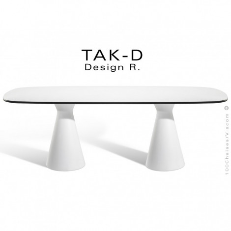 Table de salle manger, réunion ou bureau TAK-D, piétement fantaisie colonne plastique conique, plateau ovoïde compact.|Table|100chaises
