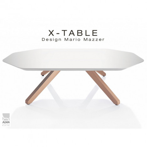 Table basse pour salon ou hall d'accueil X-TABLE piètement bois naturel vernis chêne, plateau peint|Table|100chaises Table basse pour salon ou hall d'accueil X-TABLE piètement bois naturel vernis chêne, plateau peint|Table|100chaises