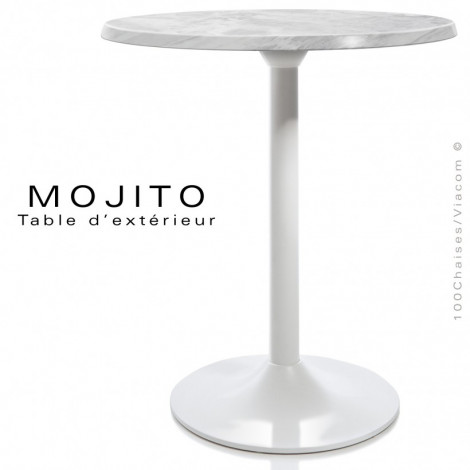 Table pour terrasse MOJITO, piétement tulipe ou trompette aluminium peint, plateau résine couleur.|Table|100chaises