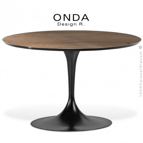 Table ronde design ONDA, piétement acier tourné trompette peint, plateau stratifié unie ou aspect bois.|Table|100chaises