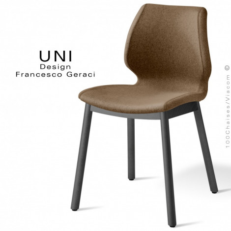 Chaise confort UNI, dos arrière coque effet matelassé couleur, assise garnie de mousse, habillage tissu, piétement bois teinté.|Chaise|100chaises