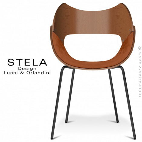 Chaise design STELA, assise et dossier coque hêtre vernis, assise garnie habillage Alcantara, piétement acier peint ou chromé.|Chaise|100chaises