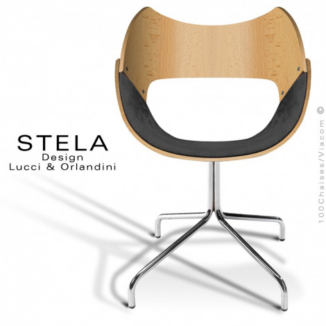 Chaise design STELA, assise et dossier hêtre vernis, assise habillage Alcantara, piétement 4 branches acier peint ou chromé.|Chaise|100chaises