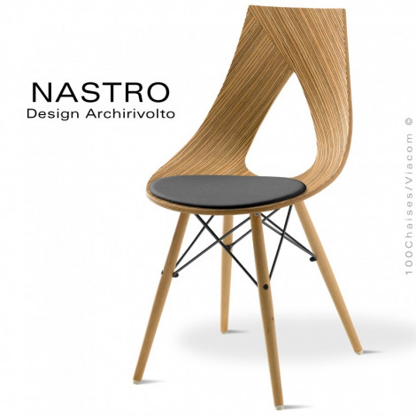 Chaise design NASTRO, assise multiplis de bois placage Zébrano avec coussin, piétement bois de hêtre massif vernis.|Chaise|100chaises