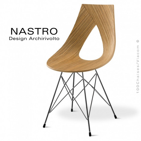 Chaises design NASTRO, assise multiplis de bois finition placage Zébrano avec coussin, piétement acier peint ou chromé brillant.|Chaise|100chaises