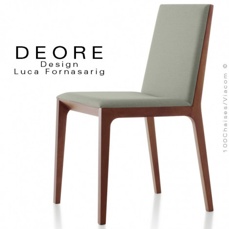 Chaise bois design DEORE, pour CHR, piétement bois de hêtre massif, finition vernis, assise et dossier garnis, habillage tissu.|Chaise|100chaises
