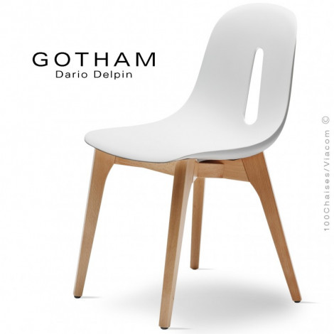 Chaise design GOTHAM-W, assise coque plastique couleur, piétement bois massif de hêtre vernis ou teinté.|Chaise|100chaises