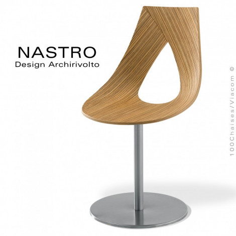 Chaise design NASTRO, assise pivotante multiplis de bois placage Zébrano avec coussin, piétement colonne centrale peint ou inox.|Chaise|100chaises