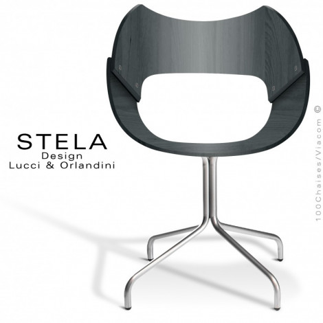 Chaise design STELA, assise et dossier coque hêtre vernis, piétement colonne centrale sur 4 branches, acier peint ou chromé.|Chaise|100chaises