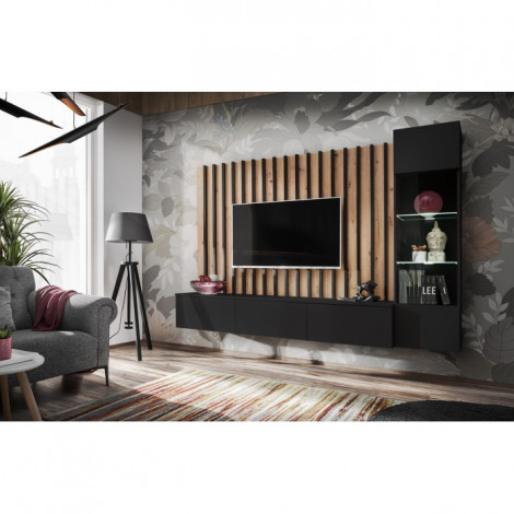 Ensemble Meuble TV Design "Verti" 220cm Noir & Naturel|Meuble TV|Paris Prix