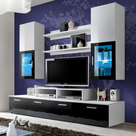 Meuble TV Mural Design "Mini" 200cm Noir & Blanc|Meuble TV|Paris Prix