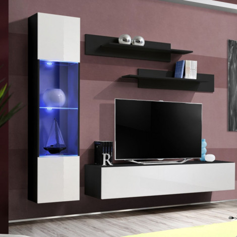 Meuble TV Mural Design "Fly III" 210cm Blanc & Noir|Meuble TV|Paris Prix